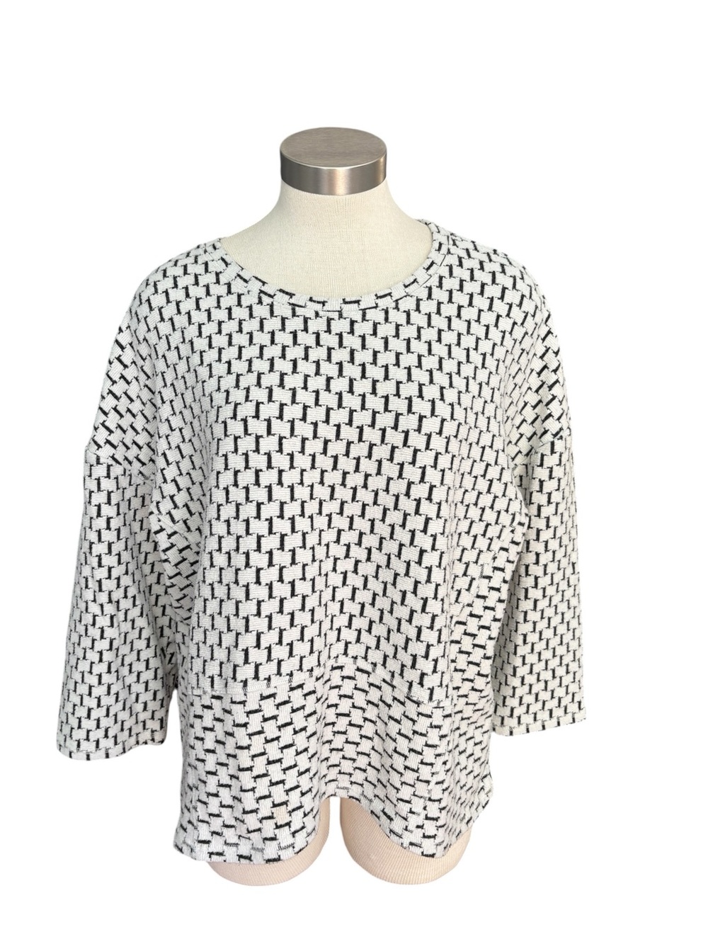 Habitat Womens Top Black White Textured Geometric Boxy 3/4 Sleeve Stretch Sz. L